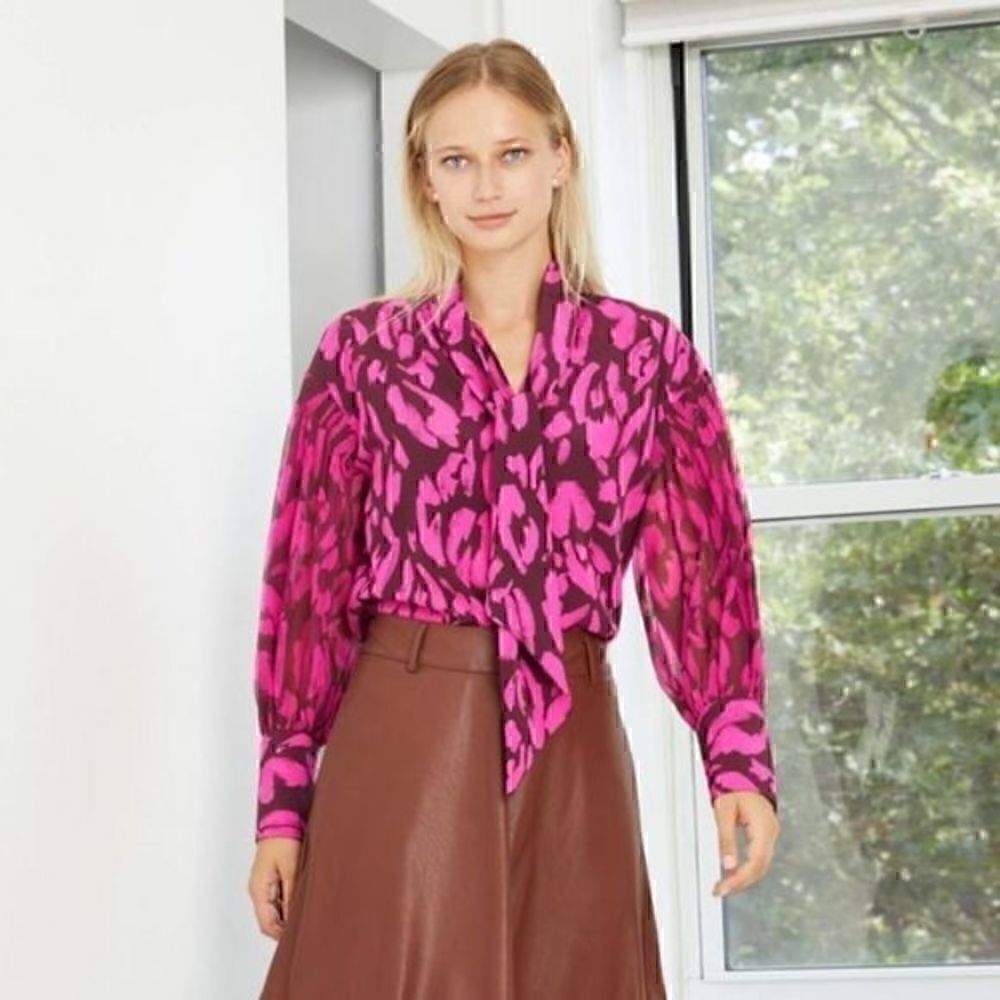 Leopard Print Balloon Long Sleeve Soft Bow Blouse